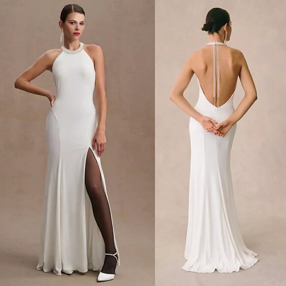 MAC DUGGAL Beaded Halter Neck Gown in White Size US 6 - Picture 1 of 15